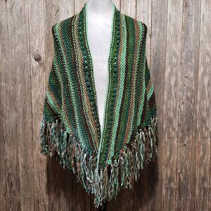 NEW Green Brown Hand Knitted Shawl Wrap Boho Hippie Artsy Cottage Cabin Rustic